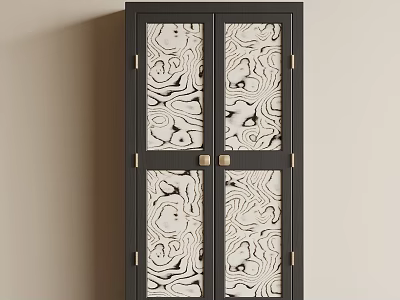Stylish Entryway Cabinet Sideboard With Glass Doors Black White Pattern And Golden Handles 3d model