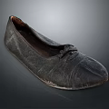 Vintage Black Leather Flat Shoe With Worn Upper And Simple Bow Detail