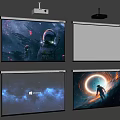 Projection Monitoring Setup With Multiple Projector Screens Displaying Various Scenes And Content