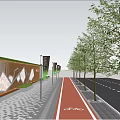 Arbor Trees Lining Scenic Urban Path With Bicycle Lane Pedestrians And Buildings