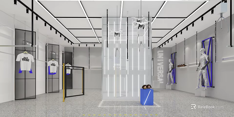 Modern Clothing Store Interior With Glass Display Racks Mannequins And Lighting Fixtures 3d model 
