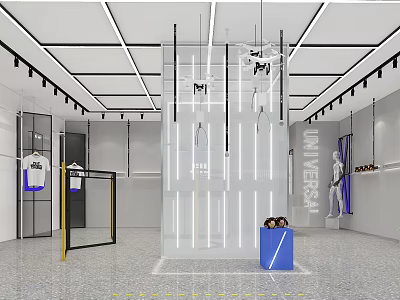 Modern Clothing Store Interior With Glass Display Racks Mannequins And Lighting Fixtures 3d model