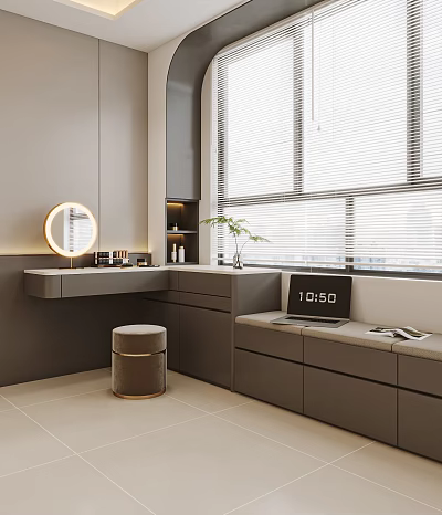 Modern Vanity Table With Circular Mirror Storage Cabinets Stool And Potted Plant By Window Blinds 3d model