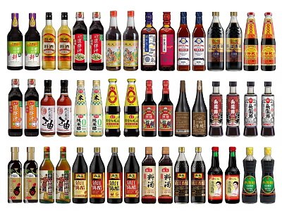 Various Colorful Condiment Bottles With Different Seasoning Labels In Kitchen 3d model