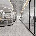 Modern Public Office Space With Glass Partitions Corridor Desks Bookshelves And Marble Flooring
