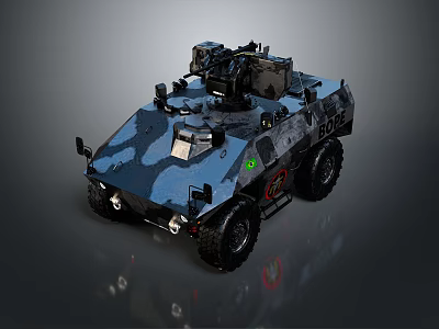 Modern Military Tank In Blue Gray Camouflage With Top Weapon System And Reflective Surface 3d model