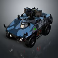 Modern Military Tank In Blue Gray Camouflage With Top Weapon System And Reflective Surface