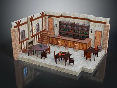 Rustic Tavern Interior Design With Stone Walls Arched Windows Wooden Stairs And Wine Racks 3d model