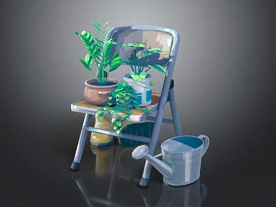 Green Plants in Decorative Flower Pots on Metal Folding Chair with Watering Can 3d model
