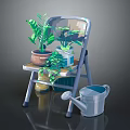 Green Plants in Decorative Flower Pots on Metal Folding Chair with Watering Can