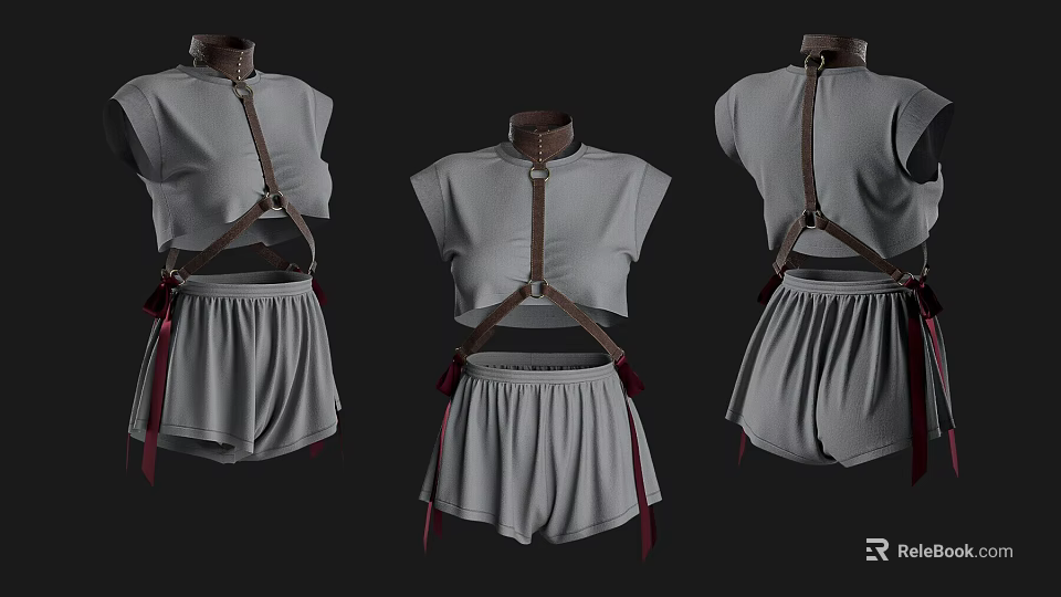 Sleeveless Gray Crop Top And Shorts Outfit With Brown Leather Cross Straps Design 3d model 