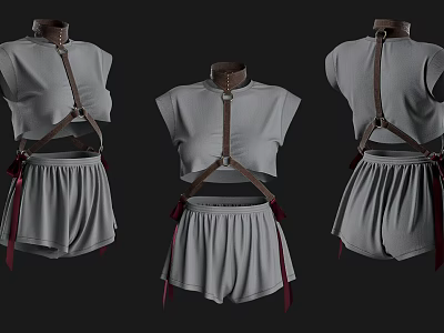 Sleeveless Gray Crop Top And Shorts Outfit With Brown Leather Cross Straps Design 3d model