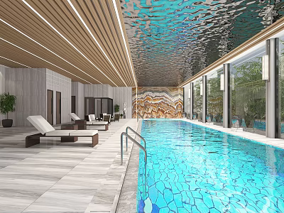 Modern Indoor Swimming Pool Featuring Blue Mosaic Tiles Loungers Wooden Ceiling And Large Windows 3d model