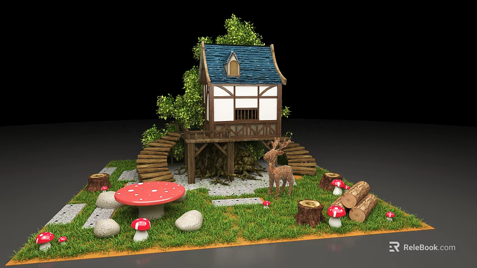 Floral Display Featuring Wooden Cottage Blue Roof Trees Mushrooms Deer And Grass 3d model 