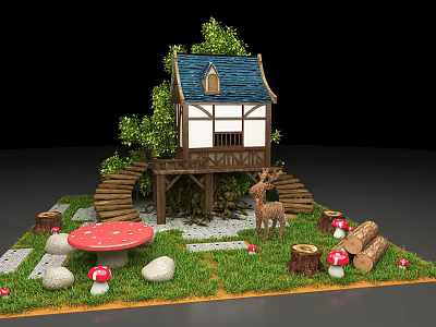 Floral Display Featuring Wooden Cottage Blue Roof Trees Mushrooms Deer And Grass 3d model