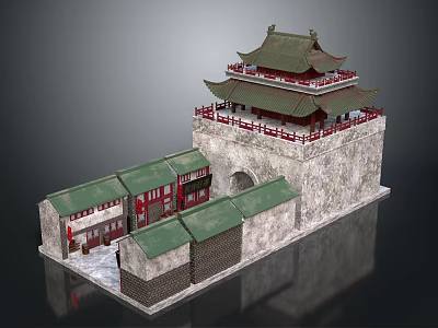 Traditional Chinese City Gate Tower With Green Roof Red Railings And Stone Wall Structure 3d model