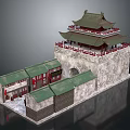 Traditional Chinese City Gate Tower With Green Roof Red Railings And Stone Wall Structure