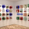 Colorful Circular And Square Shelves Display Shoes And Bags On White Walls Geometric Wooden Floor