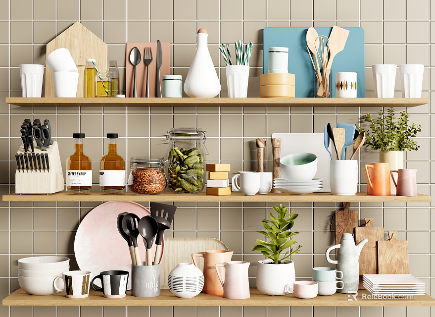 Modern Kitchenware Collection With Knives Pots Mugs Jars Plants On Wooden Shelves Tile Wall 3d model 