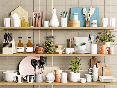 Modern Kitchenware Collection With Knives Pots Mugs Jars Plants On Wooden Shelves Tile Wall 3d model