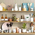 Modern Kitchenware Collection With Knives Pots Mugs Jars Plants On Wooden Shelves Tile Wall