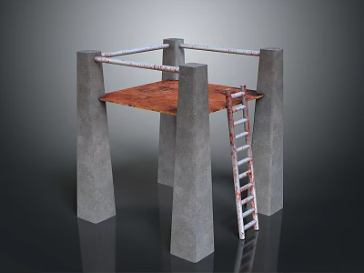 Industrial Scenery with Concrete Pillars Rustic Metal Platform Rusted Ladder and Dark Background 3d model