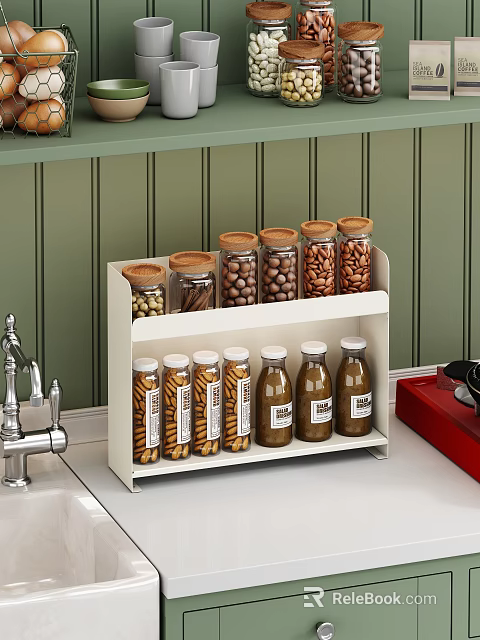 Kitchen Countertop Double Layer Glass Jars And Labeled Bottles Storage Set With Wooden Lids 3d model 
