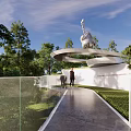 Modern Sales Office Building Surrounded By Lush Trees And Landscaped Walkways