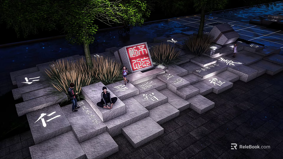 Outdoor Stone Landscape Seats With Chinese Characters In Night Park Scene 3d model 