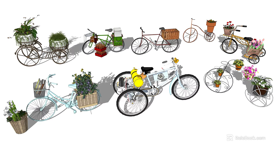 Assorted Stylish Vintage Bicycles With Flower Baskets And Plant Decorations 3d model 