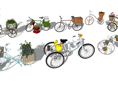 Assorted Stylish Vintage Bicycles With Flower Baskets And Plant Decorations 3d model