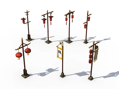 Traditional Chinese Style Outdoor Lights With Decorative Red Lanterns And Lamp Posts 3d model