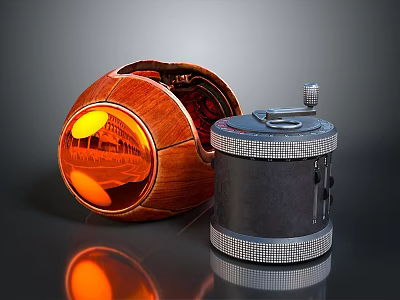 Orange Glowing Wooden Round Container And Black Cylindrical Household Storage With Silver Lid Lock Design 3d model