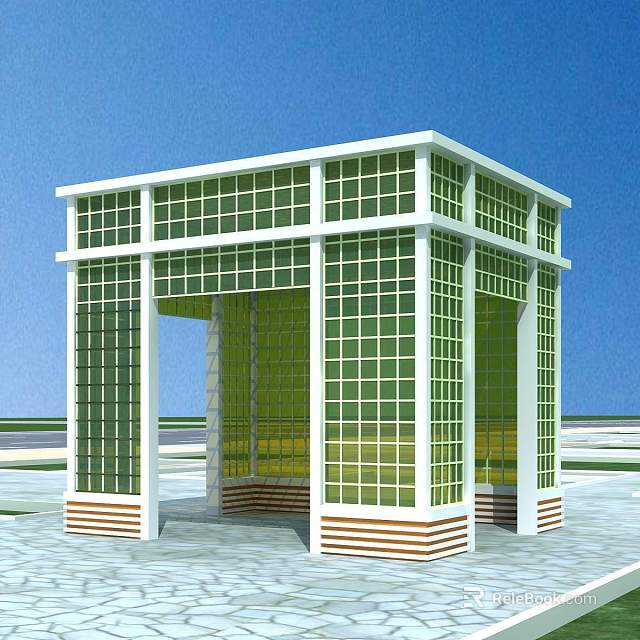 Modern Glass Pavilion Structure With Green Glass Panels White Frame And Red White Striped Base 3d model 