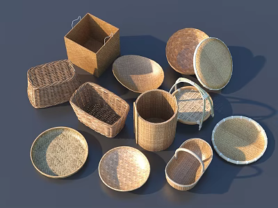 Bamboo Woven Household Items Including Baskets Plates Boxes And Storage Containers 3d model
