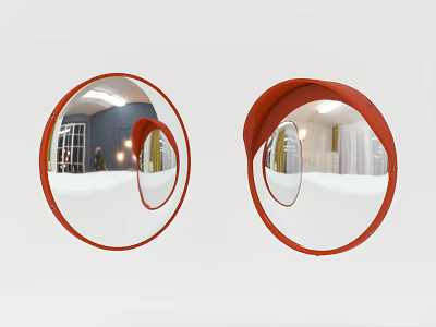 Public Facility With Round Mirrors Having Red Frames And Indoor Reflections 3d model