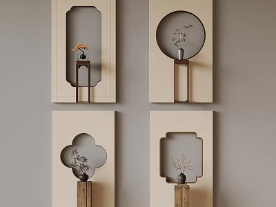 Chinese Style Decorative Wall Panels with Wooden Frames and Small Floral Arrangements 3d model