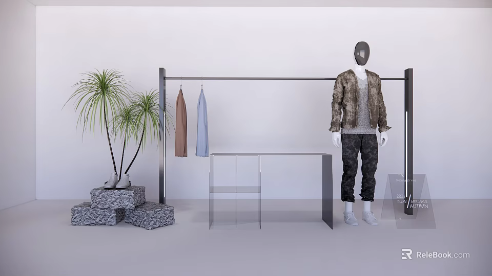 Modern Clothing Display Rack With Hanging Garments Mannequin Transparent Table And Potted Plants 3d model 