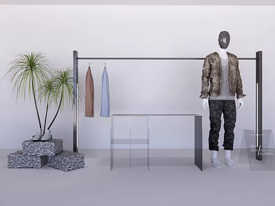 Modern Clothing Display Rack With Hanging Garments Mannequin Transparent Table And Potted Plants 3d model