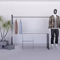 Modern Clothing Display Rack With Hanging Garments Mannequin Transparent Table And Potted Plants