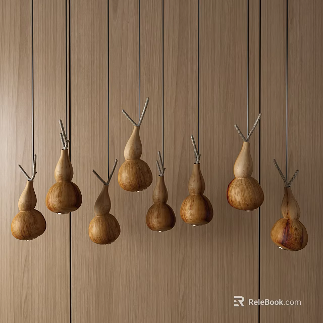 Unique Shaped Wooden Pendant Lights With Organic Designs Hanging On Wooden Wall 3d model 
