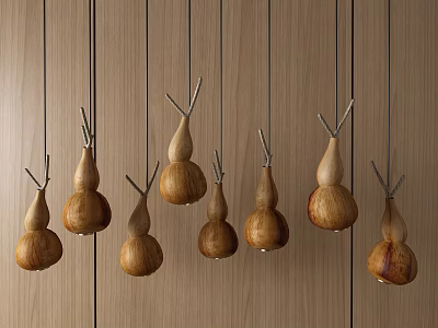 Unique Shaped Wooden Pendant Lights With Organic Designs Hanging On Wooden Wall 3d model