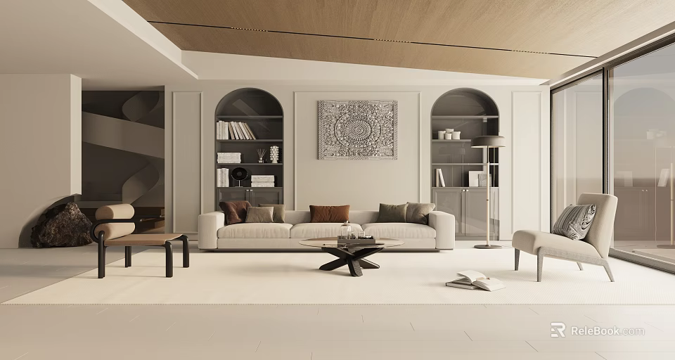 Elegant Modern Living Room Interior With Arched Bookshelves Sofa Coffee Table And Decorative Painting 3d model 