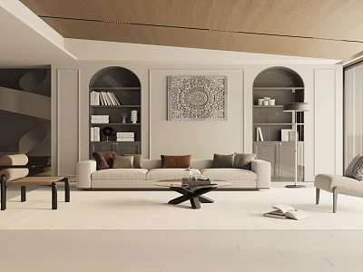 Elegant Modern Living Room Interior With Arched Bookshelves Sofa Coffee Table And Decorative Painting 3d model