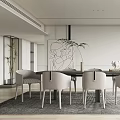 Modern Dining Room With Gray Chairs Rectangular Table Wall Art And Open Shelves