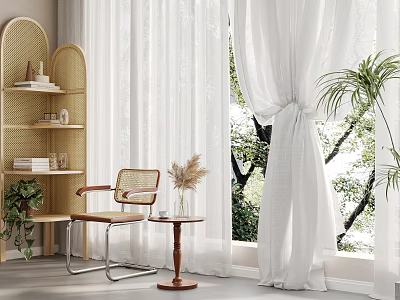 White Sheer Curtains In Modern Interior With Natural Light Green Plants And Wooden Furniture 3d model