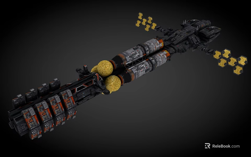 Sci Fi Mechanical Spaceship Structure With Black Gray Body Orange Accents And Yellow Modules 3d model