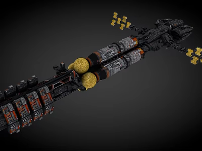Sci Fi Mechanical Spaceship Structure With Black Gray Body Orange Accents And Yellow Modules 3d model