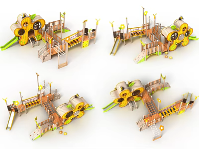 Colorful Wooden Playground Equipment With Slides Climbing Structures And Round Elements 3d model