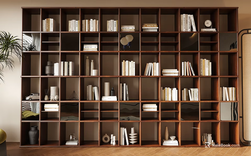 Wooden Bookcase Interior Design With Open Shelves Books And Decorative Pieces 3d model 